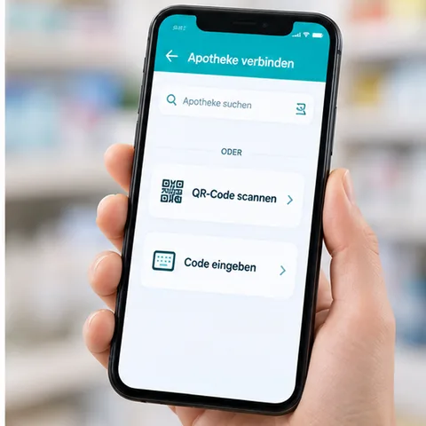Screenshot der App: Bildschirm „Apotheke verbinden" mit Suchfeld sowie den Optionen „QR-Code scannen" und „Code eingeben".