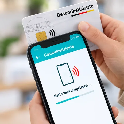 Screenshot der App: Bildschirm „Gesundheitskarte" mit Fortschrittsanzeige „Karte wird ausgelesen …", während eine elektronische Gesundheitskarte an die Rückseite eines Smartphones gehalten wird.
