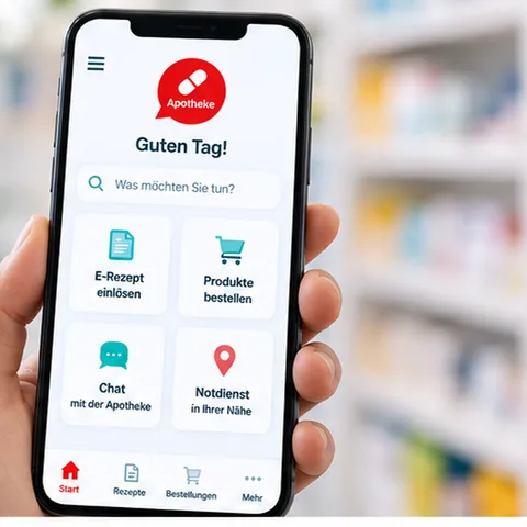 Screenshot der App: Startbildschirm „Guten Tag!" mit den Kacheln „E-Rezept einlösen", „Produkte bestellen", „Chat mit der Apotheke" und „Notdienst in Ihrer Nähe".