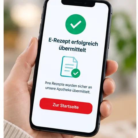 Screenshot der App: Erfolgsmeldung „E-Rezept erfolgreich übermittelt" mit dem Hinweis „Ihre Rezepte wurden sicher an unsere Apotheke übermittelt" und dem Knopf „Zur Startseite".