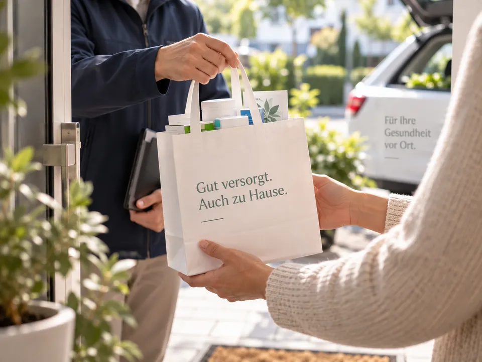 Übergabe an der Haustür: Eine Person in dunkelblauer Jacke reicht eine weiße Papiertüte mit Arzneimittelpackungen an eine wartende Hand. Im Hintergrund ein weißes Auto und begrünte Vorgärten.
