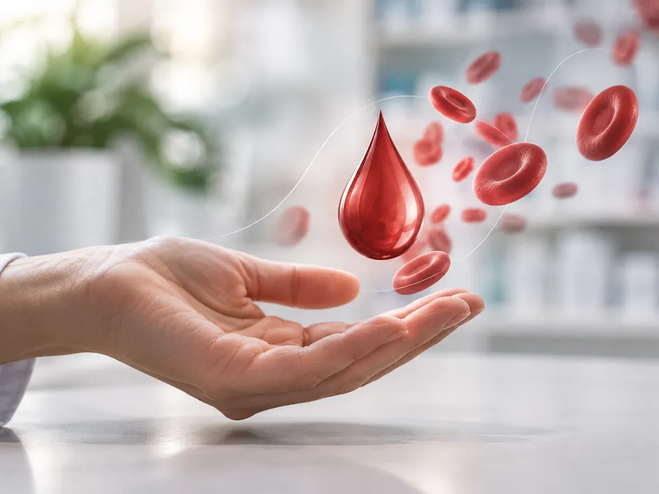 Geöffnete Hand einer Person im weißen Kittel an einem Apothekentresen, darüber eine stilisierte Darstellung eines Blutstropfens und roter Blutkörperchen.