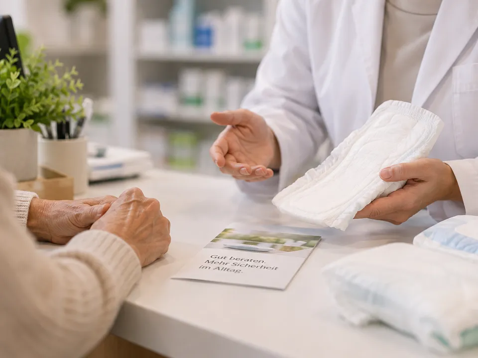 Beratung zur Inkontinenzversorgung am Beratungstisch der Palmen Apotheke-Brückenhof: Eine Apothekerin zeigt einer Kundin eine aufsaugende Inkontinenzeinlage.