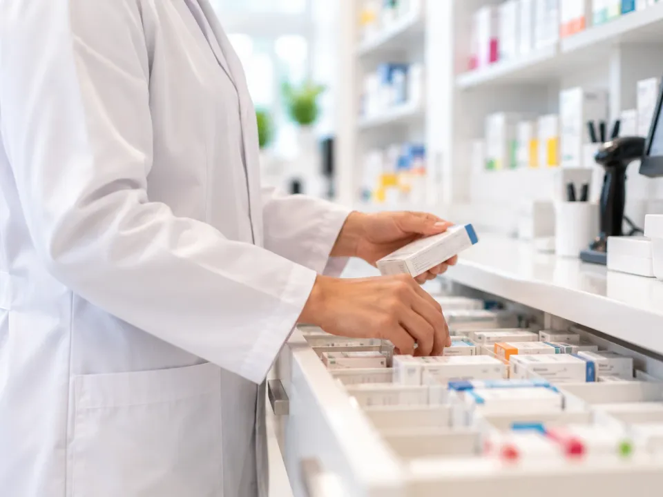 In der Offizin der Palmen Apotheke-Brückenhof wird eine Arzneimittelpackung aus der Schublade geholt, im Hintergrund Sichtwahl und Kassenplatz