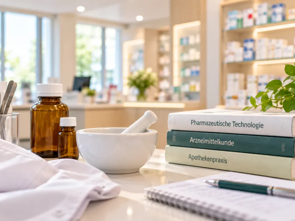 Arbeitsplatz in der Palmen Apotheke-Brückenhof: Mörser und Pistill, Braunglasflaschen und Spatel neben Lehrbüchern zu Pharmazeutischer Technologie, Arzneimittelkunde und Apothekenpraxis