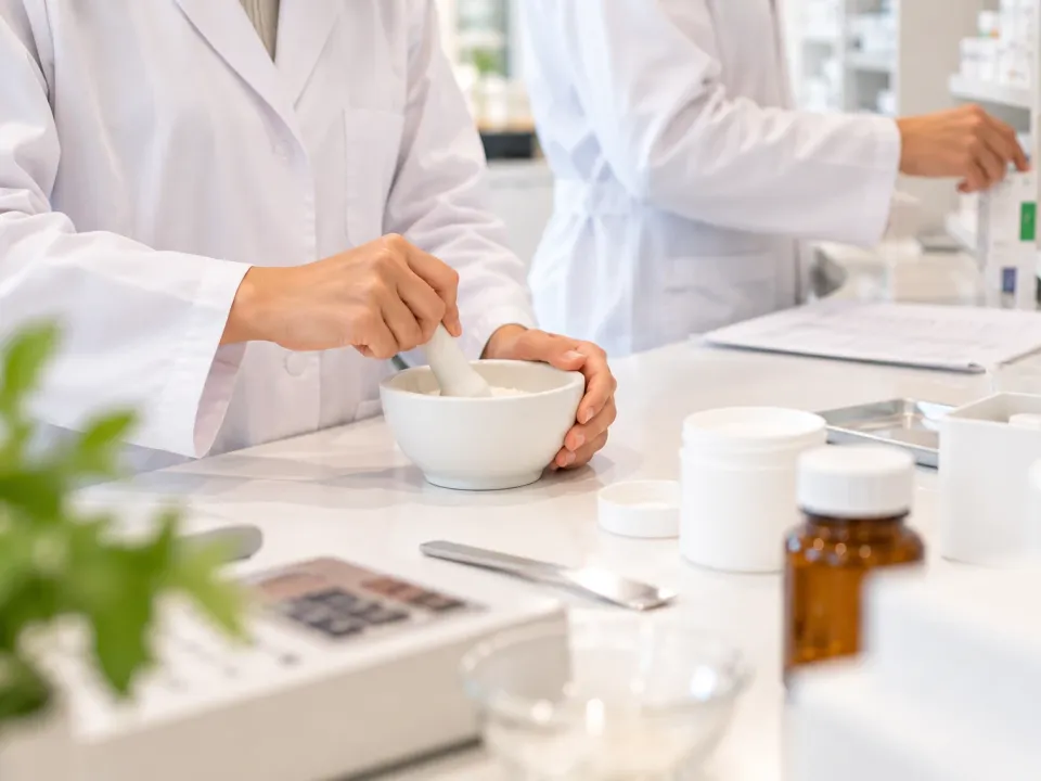 Zwei Mitarbeitende der Palmen Apotheke-Brückenhof in der Offizin: Eine Rezeptur wird im Mörser angerieben, daneben wird eine Packung aus dem Arzneimittelregal geholt