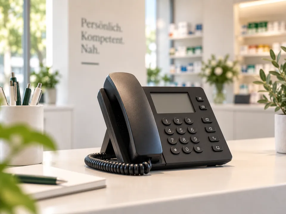 Schwarzes Tischtelefon auf einem hellen Apothekentresen, daneben ein Stiftebecher und ein Notizblock. Im Hintergrund unscharfe Regale und ein Schriftzug an der Wand: „Persönlich. Kompetent. Nah."