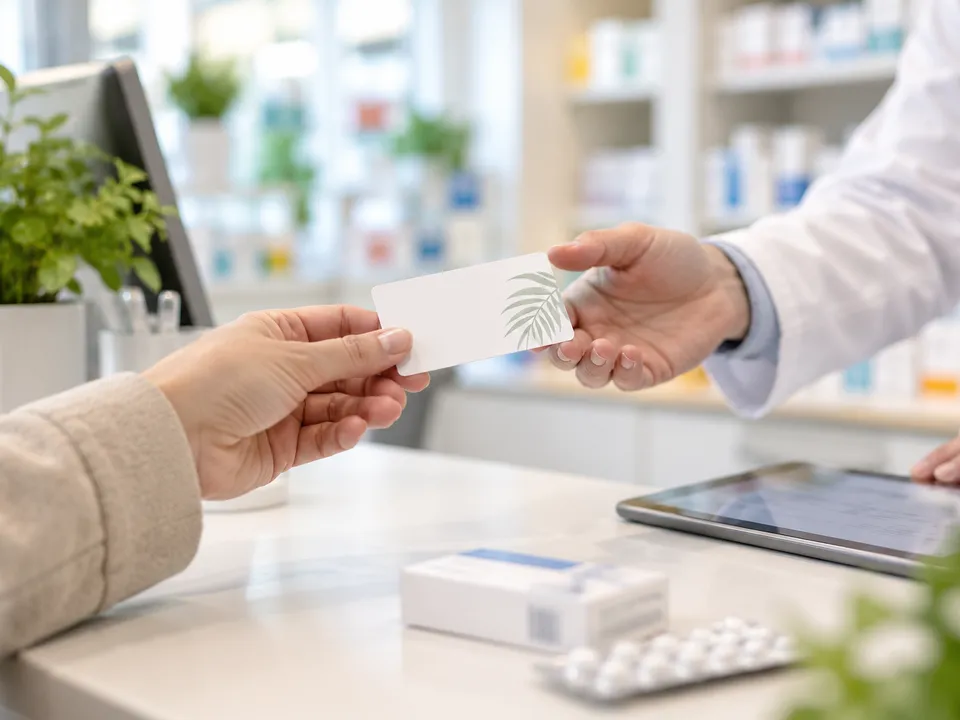 Zwei Hände reichen sich über einen Apothekentresen eine weiße Kundenkarte mit grünem Palmwedel.