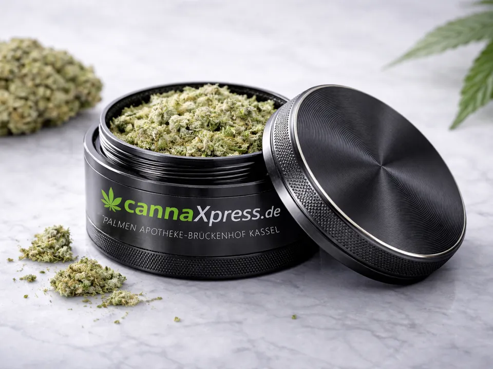 Geöffneter schwarzer Behälter mit zerkleinerten Cannabisblüten auf heller Marmorfläche, daneben der abgenommene Deckel, eine ganze Blüte und ein Cannabisblatt; auf dem Behälter steht das cannaXpress-Logo.