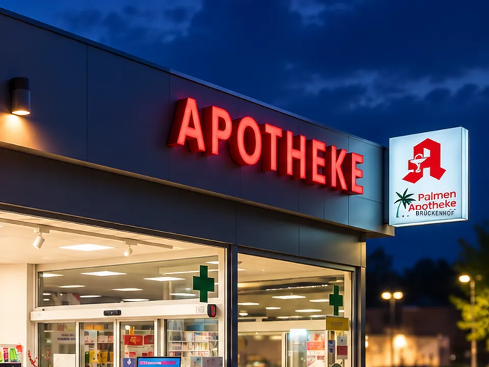 Die Palmen Apotheke-Brückenhof am Abend: roter Leuchtschriftzug „APOTHEKE“ über der dunklen Fassade, daneben das beleuchtete Logoschild, dahinter der hell erleuchtete Eingang. Der Himmel ist tiefblau.