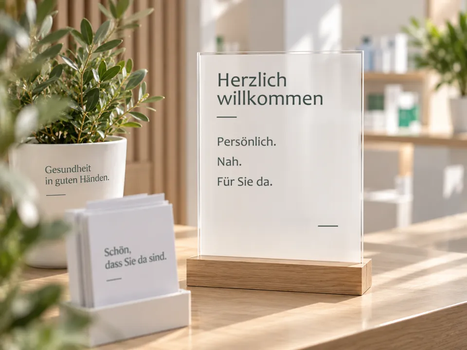 Sonnenbeschienener Apothekentresen aus hellem Holz: ein Acrylaufsteller mit der Aufschrift „Herzlich willkommen“, daneben ein Olivenbäumchen im weißen Topf und ein Ständer mit Karten. Im Hintergrund unscharfe Regale.