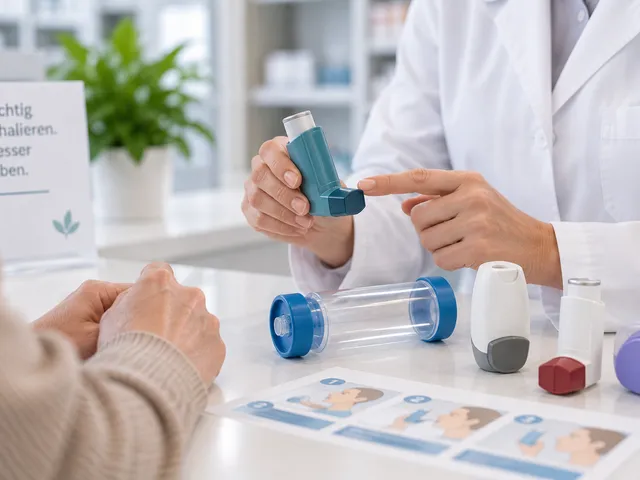 Beratung zur Inhalationstechnik: Eine Apothekerin zeigt an einem Dosieraerosol die Anwendung, daneben liegen eine Inhalierhilfe, weitere Inhalatoren und eine bebilderte Anleitung.