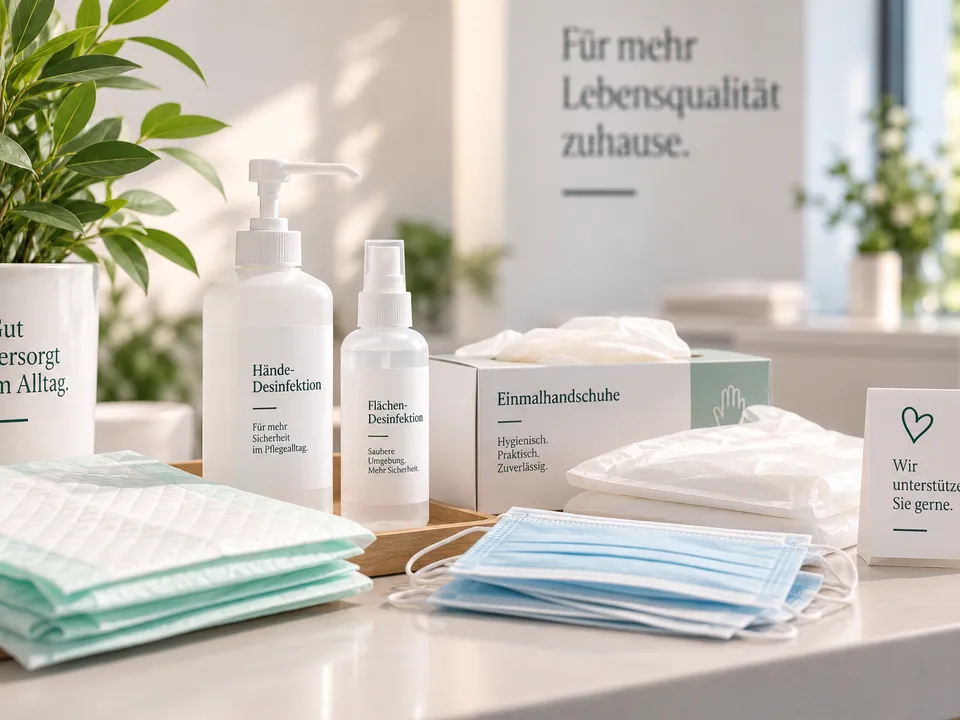 Pflegehilfsmittel auf einer hellen Ablage: ein Stapel grüner Bettschutzeinlagen, Flaschen mit Hände- und Flächendesinfektion, eine Schachtel Einmalhandschuhe, medizinische Gesichtsmasken und ein Aufsteller mit dem Schriftzug „Wir unterstützen Sie gerne." Im Hintergrund eine Grünpflanze und ein Schild mit der Aufschrift „Für mehr Lebensqualität zuhause."