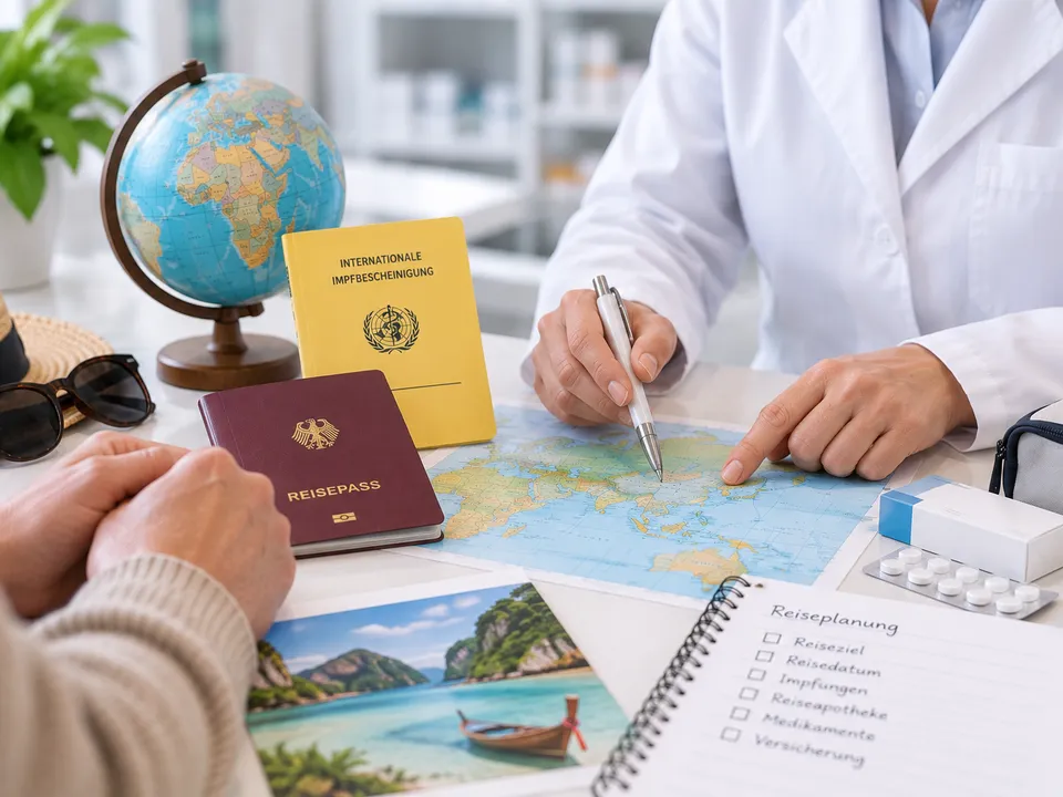 Beratung am Tisch: eine Apothekerin im weißen Kittel zeigt mit einem Stift auf eine Weltkarte, daneben liegen ein Reisepass, eine internationale Impfbescheinigung, ein Notizblock mit Reiseplanung und einzelne Arzneimittelpackungen.