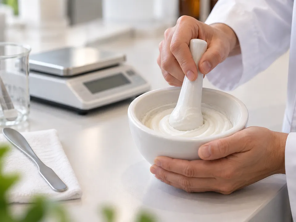 Hände in weißem Kittel verarbeiten eine weiße Creme mit Pistill in einer Porzellanschale; daneben eine Laborwaage und ein Becherglas.