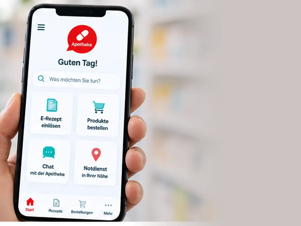 Eine Hand hält ein Smartphone mit geöffneter Apotheken-App: Der Startbildschirm zeigt ein Suchfeld und die Kacheln „E-Rezept einlösen", „Produkte bestellen", „Chat mit der Apotheke" und „Notdienst in Ihrer Nähe". Im unscharfen Hintergrund Apothekenregale.